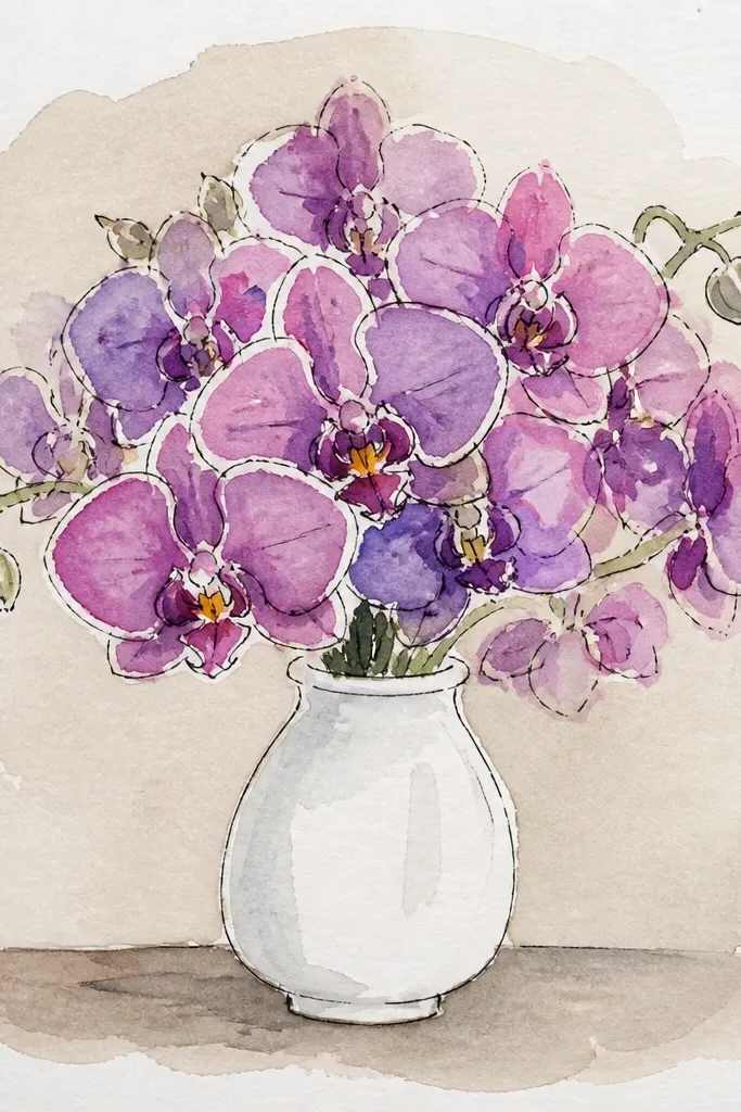 White outlined vase with a round cluster of orchids and subtle shadow