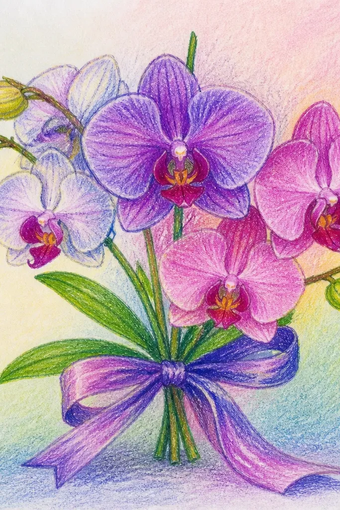 Orchids wrapped in ribbon drape with a pastel gradient behind