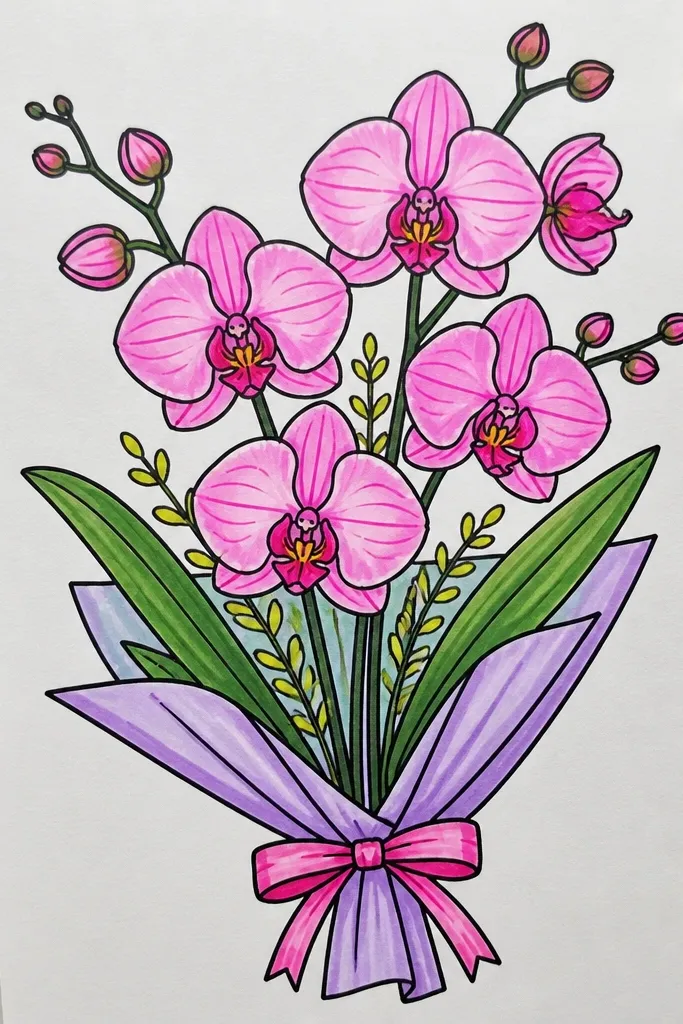 Black ink orchid bouquet with neon pink and green highlights