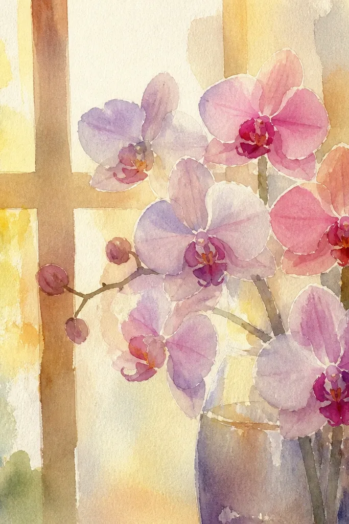 Orchids centered inside a hand-drawn window grid
