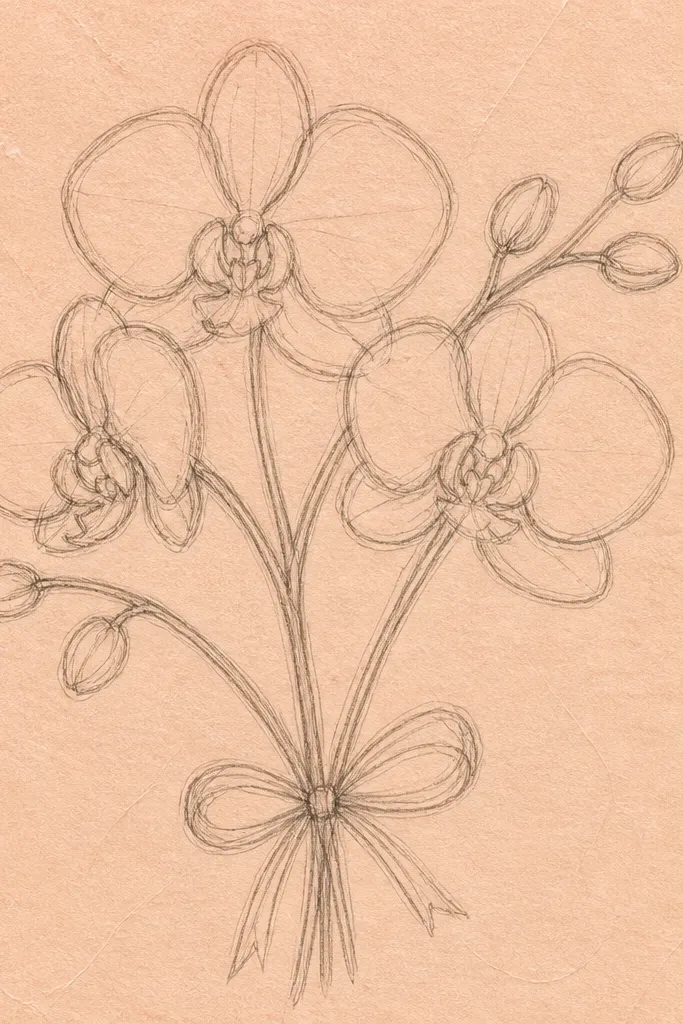 Peach textured background with orchids showing thin vein lines