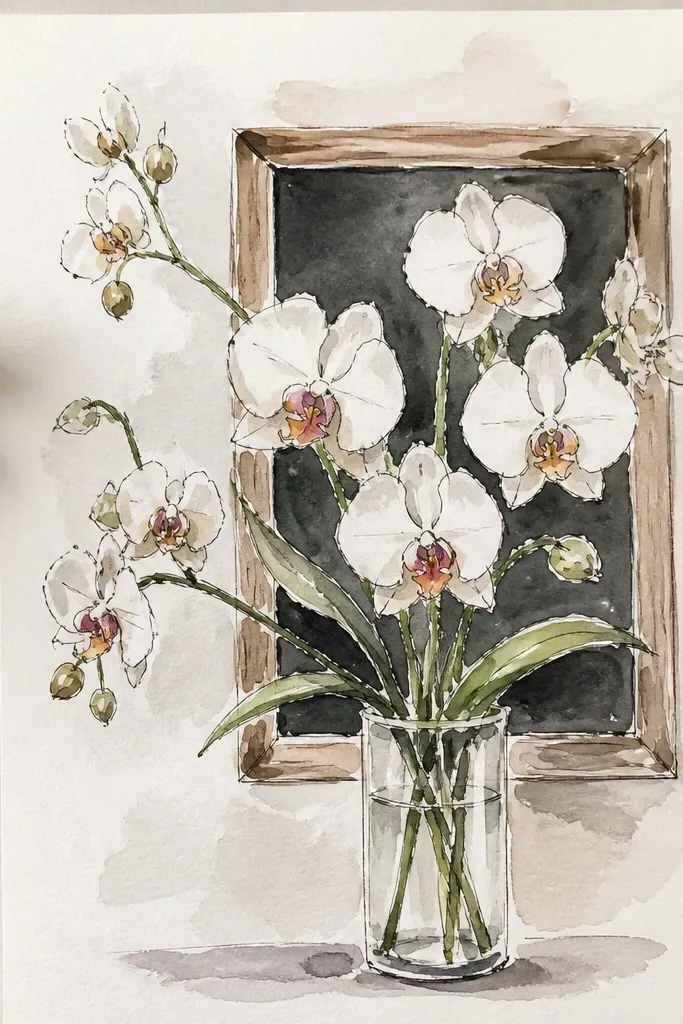 Chalkboard-style dark frame with white orchid petals and purple throats