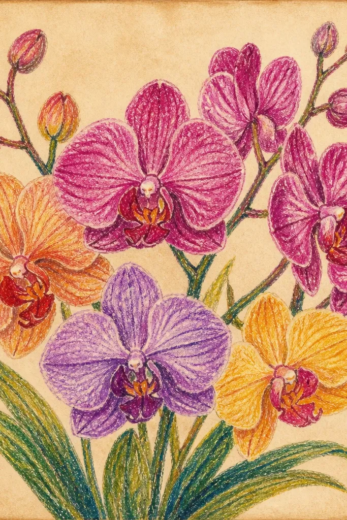 Sepia postcard background with orchids and a small stamp-like corner mark