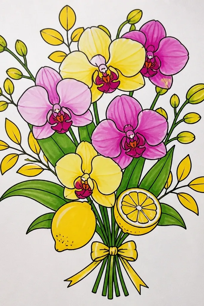 Orchid bouquet with yellow lemon-like leaves and bright background
