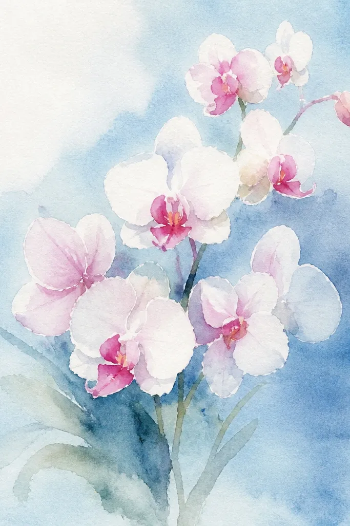 Blue ombre background with orchids and crisp petal outlines