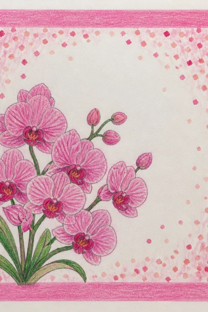 Thick pink border with orchids in the center and small confetti dots