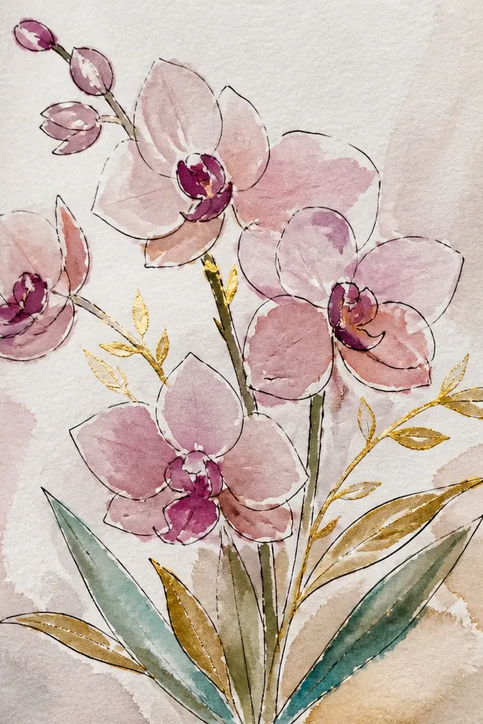 Orchid bouquet with gold foil accents on leaves and stems