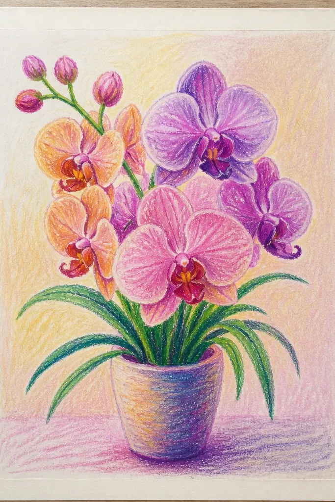 Pastel background with clean tape-mask edges around a centered orchid bouquet