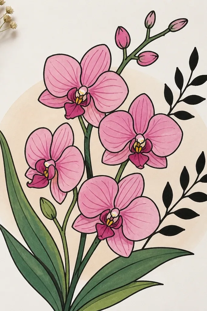 Orchids in the center with dark leaf silhouettes and a soft vignette