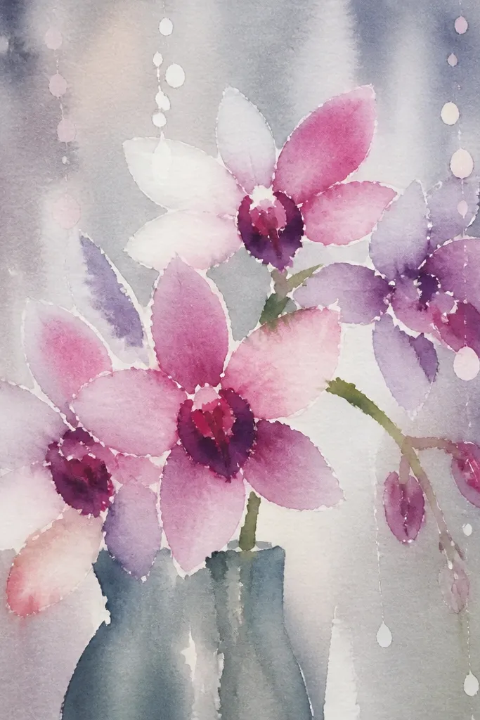 Orchid bouquet with falling raindrop dots and circles above