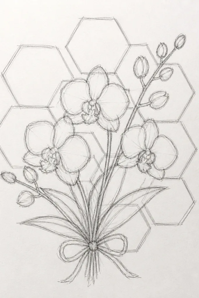 Orchid bouquet centered over a hexagon pattern background
