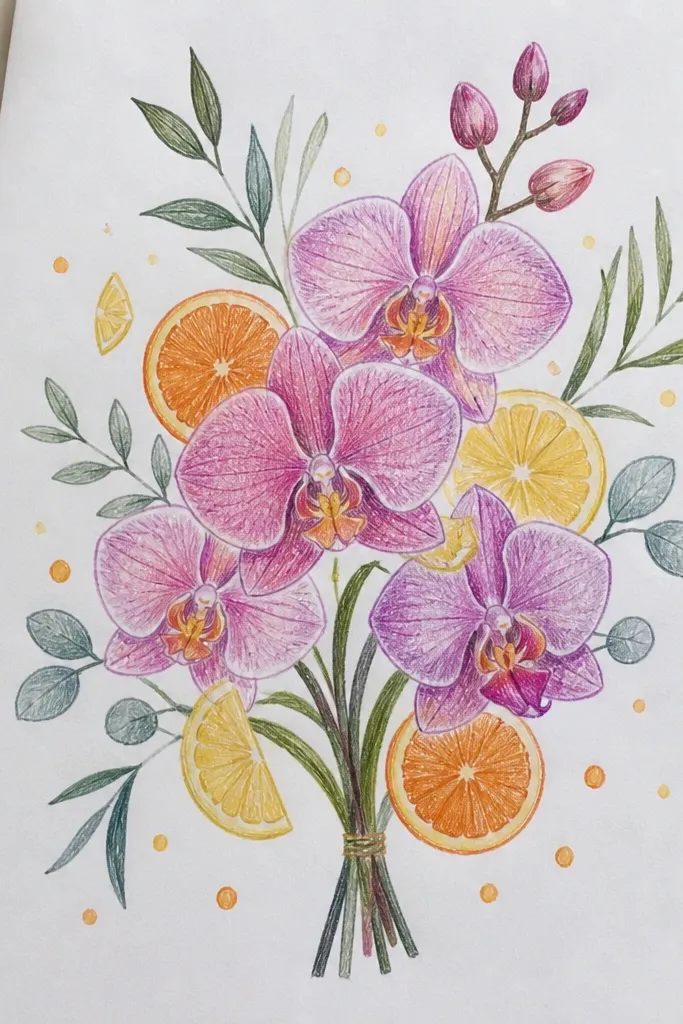Orchid bouquet with small citrus slice drawings and leafy sprigs around it