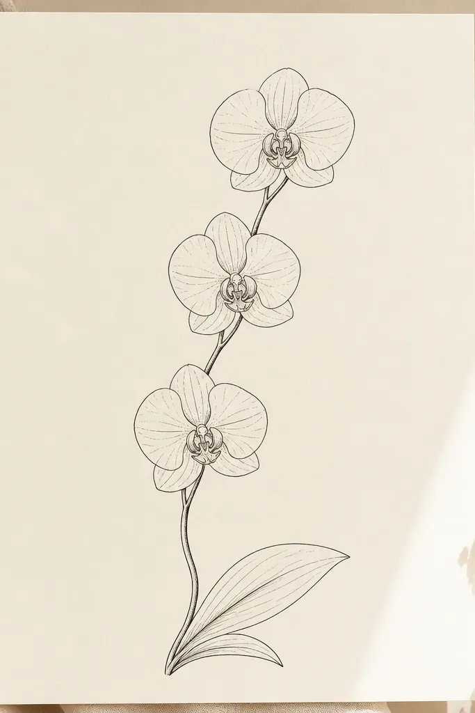 A tall sheet of warm cream paper with one orchid branch in black fineliner, stem rising in a gentle S curve and three blossoms spaced evenly. The petal outlines are crisp, with tiny dot highlights in the center and a few thin leaf veins.