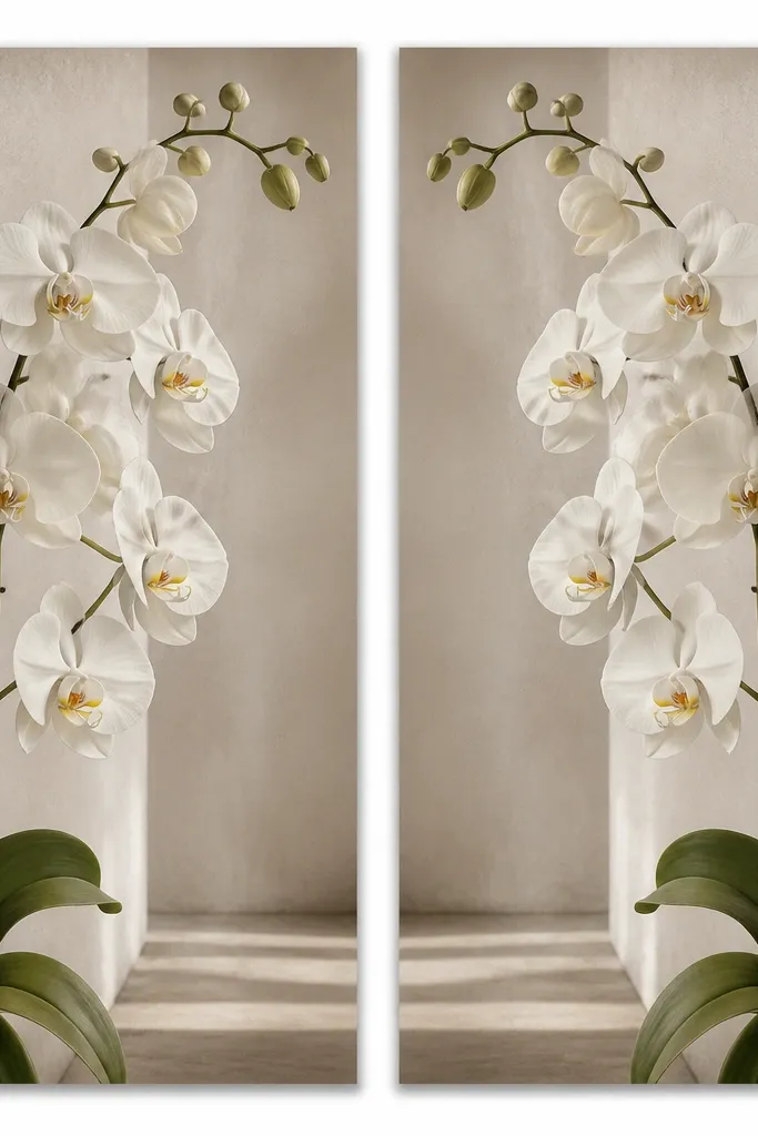 Two matching vertical prints side by side, each showing an orchid branch that curves toward the center. The left branch leans slightly right, the right branch leans slightly left, creating a mirrored hallway effect.