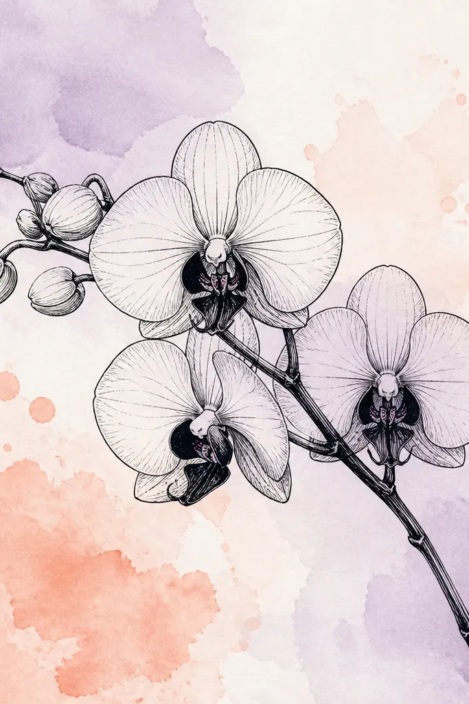 A watercolor-splashed background in pale lavender and soft peach, with a sharp black orchid branch line drawing on top. The orchid centers are inked dark, with a few tiny magenta dots.