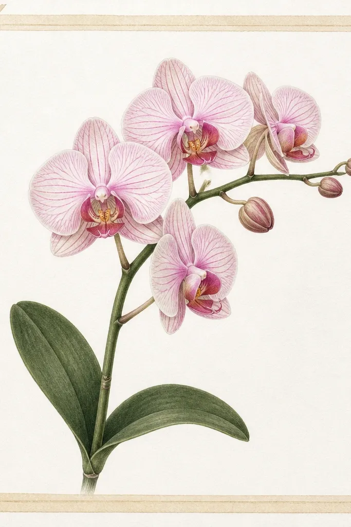 A centered orchid branch drawing with a clean border made from slightly textured botanical tape strips. The border has small leaf icons in one corner and thin tape lines along the edges.