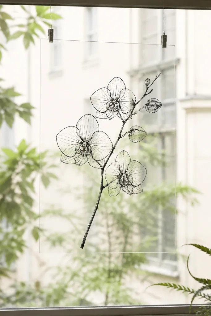 A transparent plastic sheet with a thin orchid branch drawn in black ink, hung in a window-like frame. The background shows through, making the orchid look like it's floating.