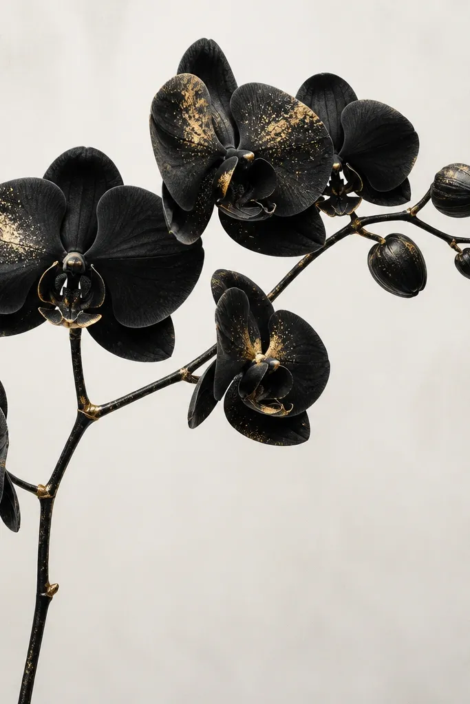 A black orchid branch drawing with sparse gold leaf speckles clustered near the top blooms. The gold catches light and looks like dusting on petals and stem joints.