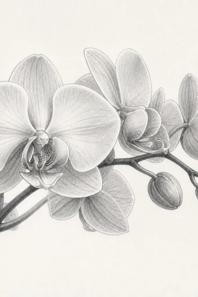 A soft graphite orchid branch with gentle shading and a few bright white highlights on petal edges made with a white gel pen. The background is plain off-white.