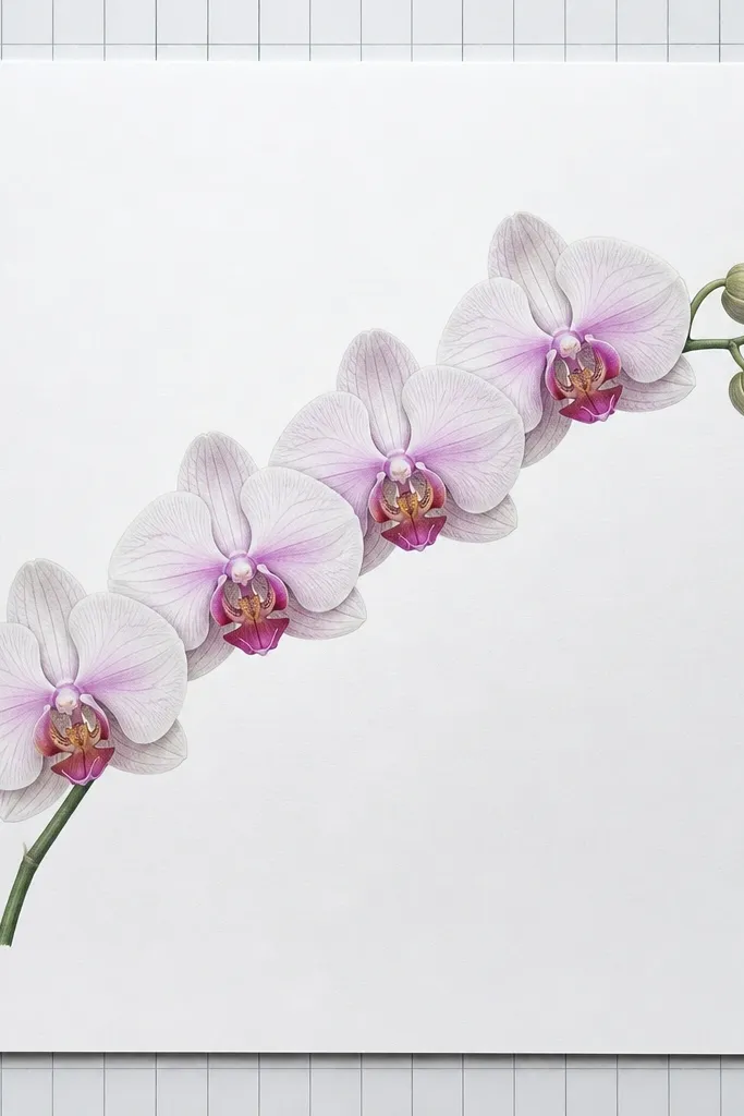 A clean orchid branch drawing on white paper with faint grid lines visible around the edges. The orchid blooms are evenly spaced and aligned along a central curve.