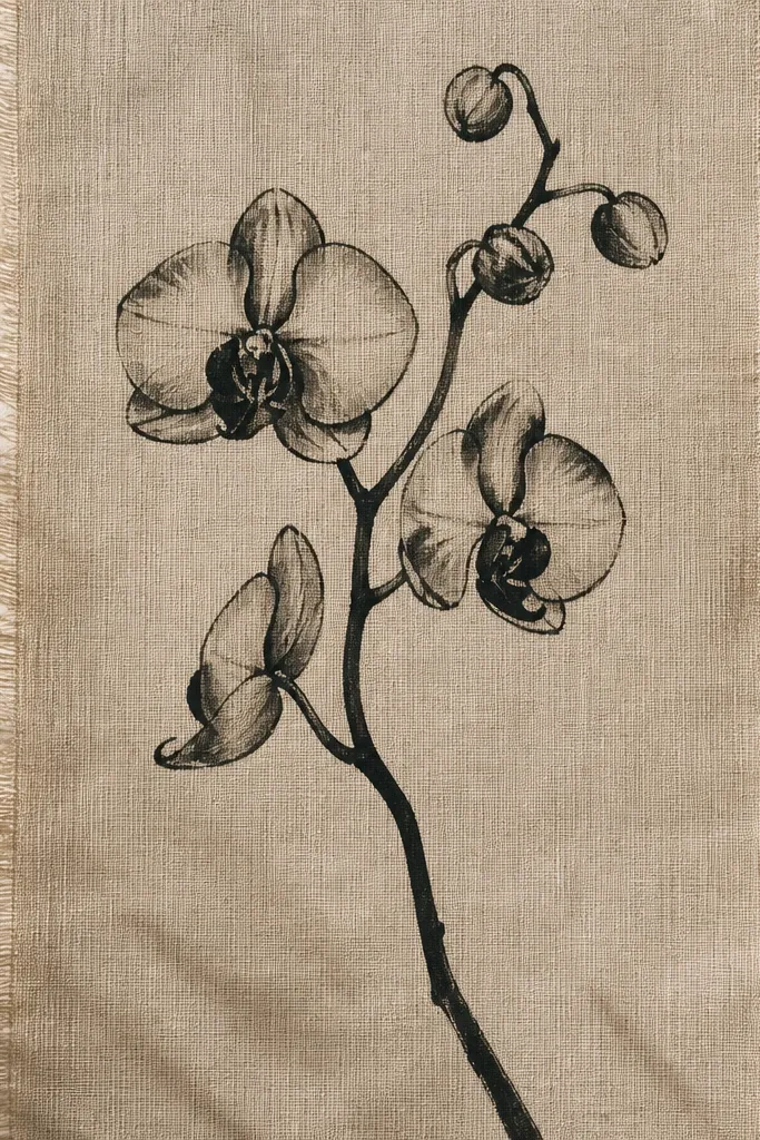 A mixed-media piece with a thin fabric strip background in linen beige, and a black orchid branch drawn on top. The fabric weave is visible around the orchid, especially near the edges.