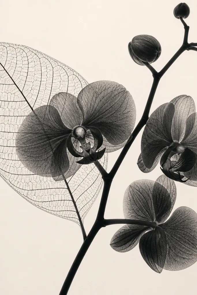 A black orchid branch drawing with a pressed leaf silhouette placed behind one bloom. The leaf veins are visible in silhouette form, dark against a light background.