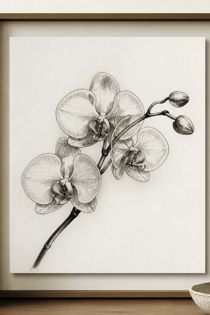 A framed orchid drawing where the paper sits slightly off the backboard, creating a gentle shadow around the orchid branch. The orchid is inked in black with soft gray wash in the petals.