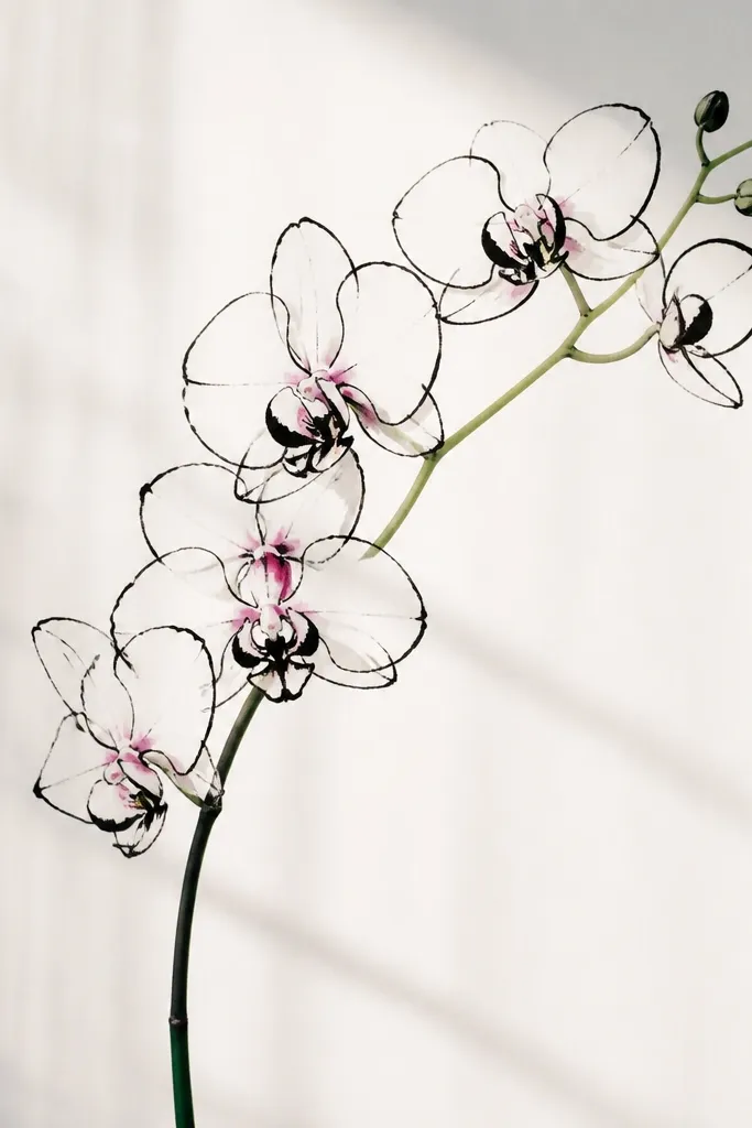 A black orchid branch where the stem fades from deep green at the bottom to pale green near the top. The petals are mostly ink outlines with tiny watercolor accents in pink near the centers.