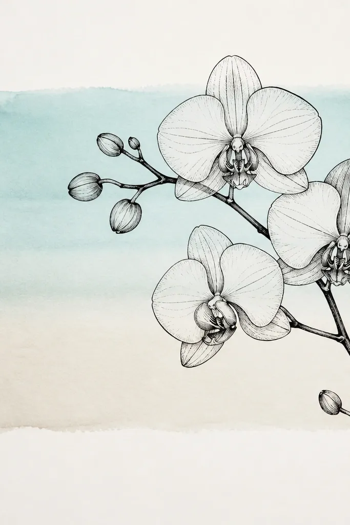 A soft horizontal stripe wash behind the orchid branch, in pale aqua fading into cream. The orchid branch is inked in black and positioned over the stripe so it looks layered.