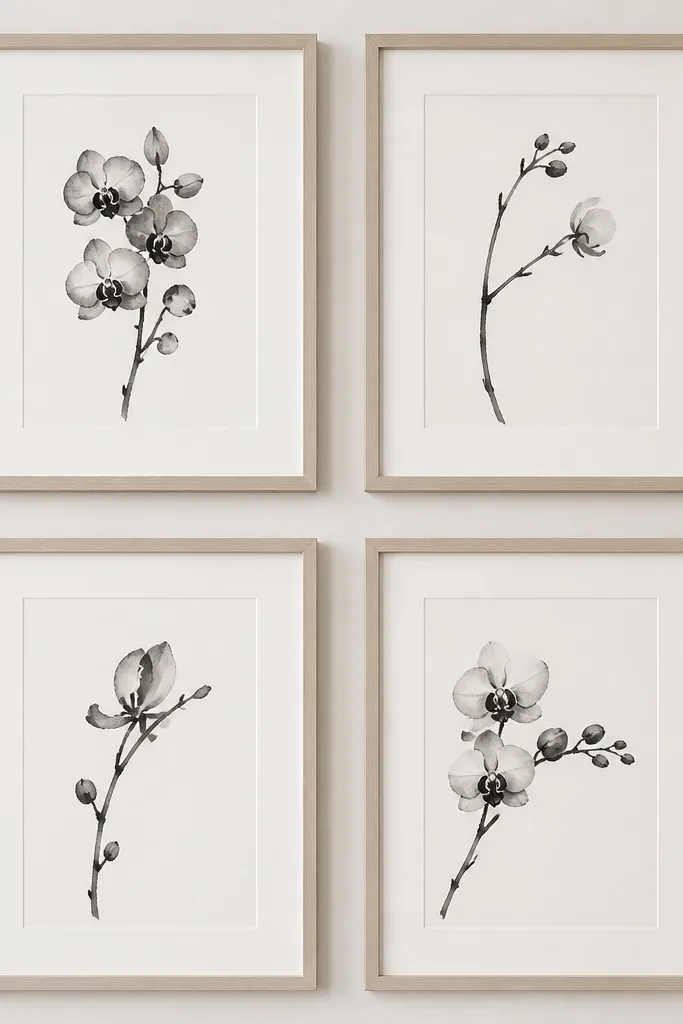 A gallery grid of four small prints, each with a tiny orchid branch in black ink on white paper. The top left and bottom right have blooms, while the other two show stems and partial blossoms.
