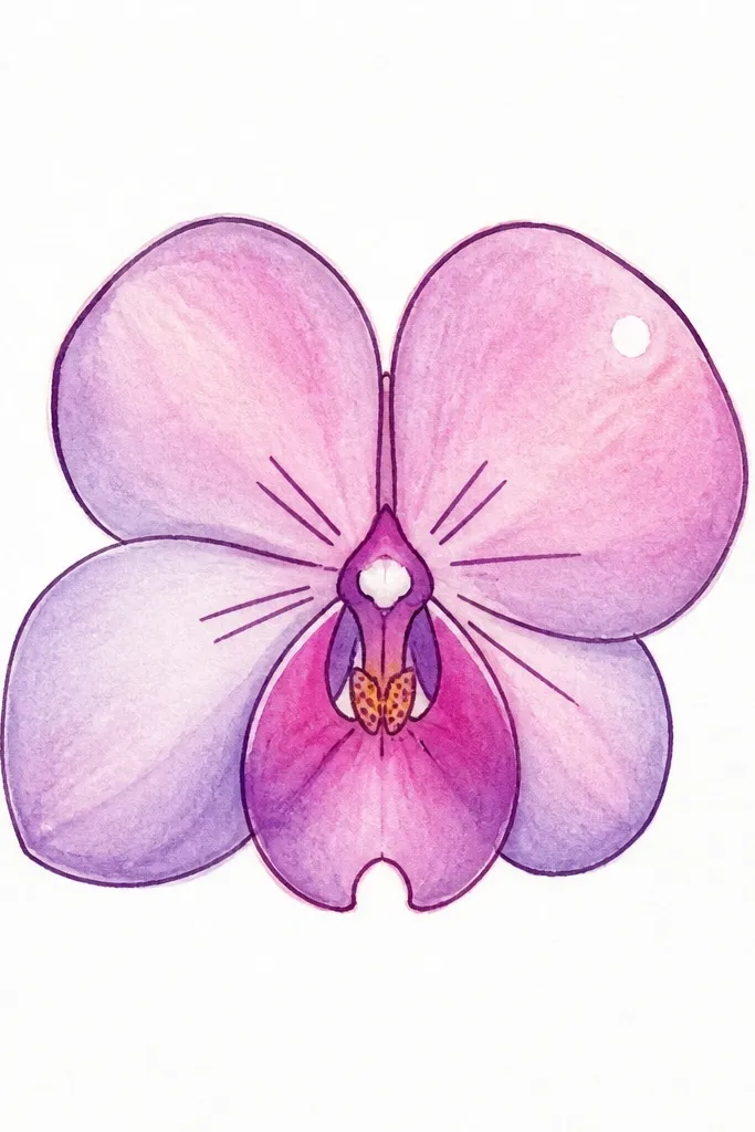 A single orchid centered on white paper. The outer petals are drawn as two rounded teardrops and one side petal. The center lip is a larger curved shape with a small notch. Inside the flower, there are six short line marks radiating from the center. The petals are lightly colored purple and pink with a darker outline and a small white highlight dot.