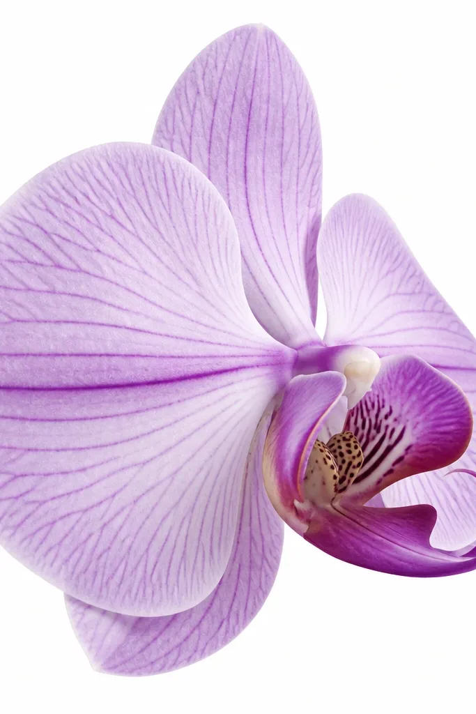 An orchid drawn to face right, with one outer petal larger in the foreground. The center lip curves toward the right edge. The background is blank white. The petals are colored in pale violet with a darker purple stripe, and the inner lines are short and neat.