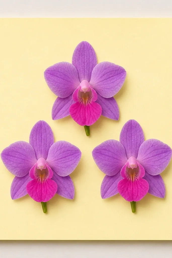 Three small orchids arranged like a triangle on a pale yellow sticky-note style rectangle. Each orchid has purple petals and a bright pink lip. The centers have short line marks, and there are tiny green stems below. A faint border outlines the sticky-note shape.