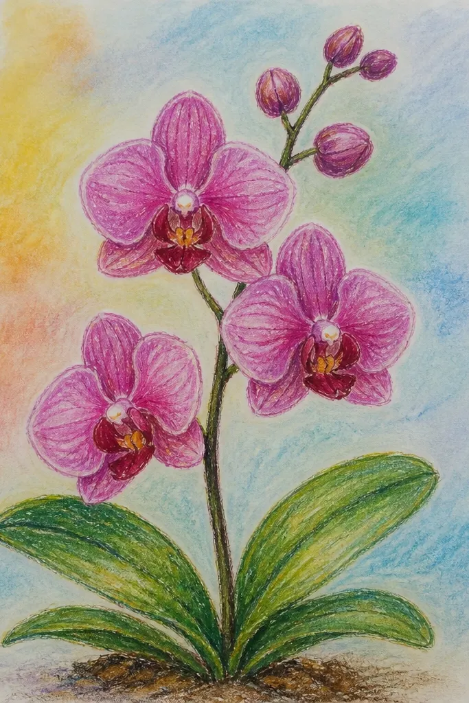 A watercolor wash background in pale blue and lavender. White crayon lines form an orchid outline and center markings. After painting, the orchid petals show lighter "resist" areas with darker watercolor edges. The lip has a brighter pink wash with a darker center stripe.
