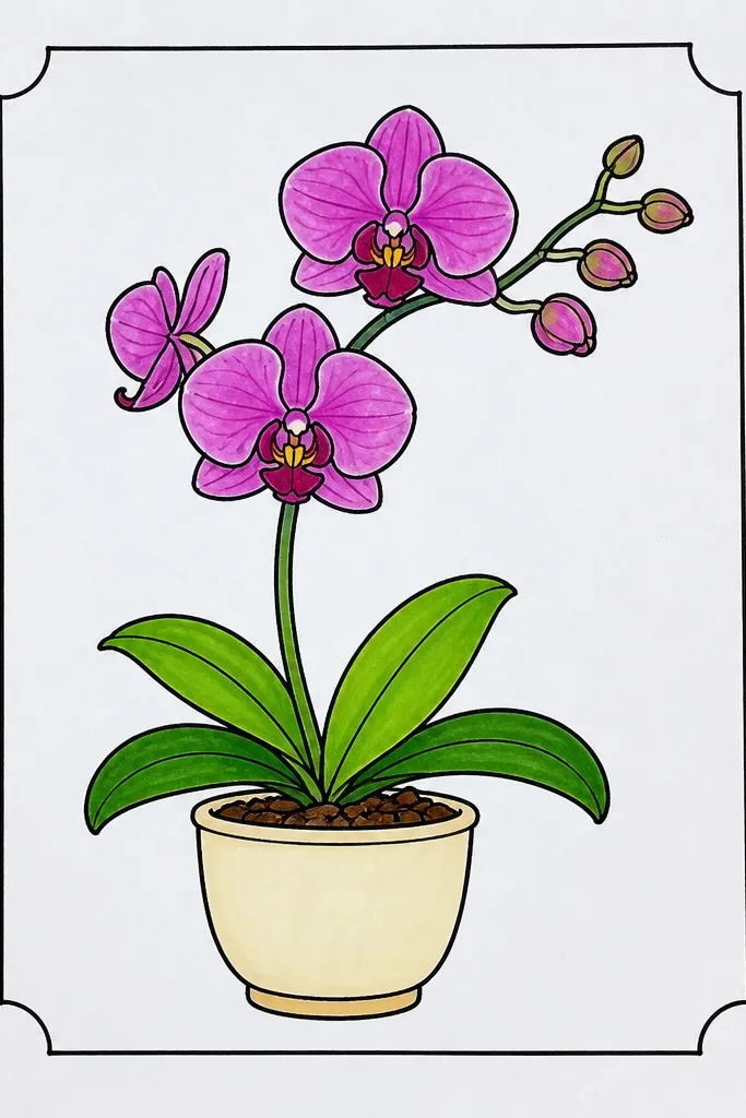 A hand-drawn flowerpot at the bottom of the page with two orchid stems rising. One orchid is fully visible, the other is smaller behind it. The pot has simple horizontal stripes. The background has a light mint wash. The orchids are purple with a bright pink lip and dark center lines.