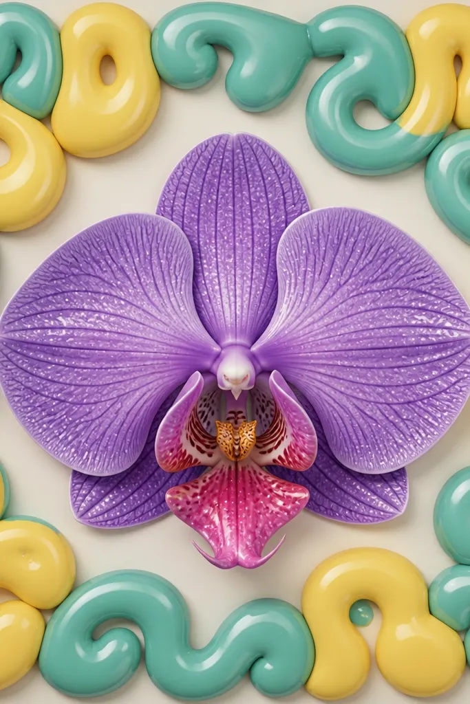 A centered orchid with purple petals and pink lip, surrounded by a border made of thick bubble letters spelling nothing, just decorative loops. The border is colored in light yellow and teal. The orchid has crisp black outlines and small highlight dots.