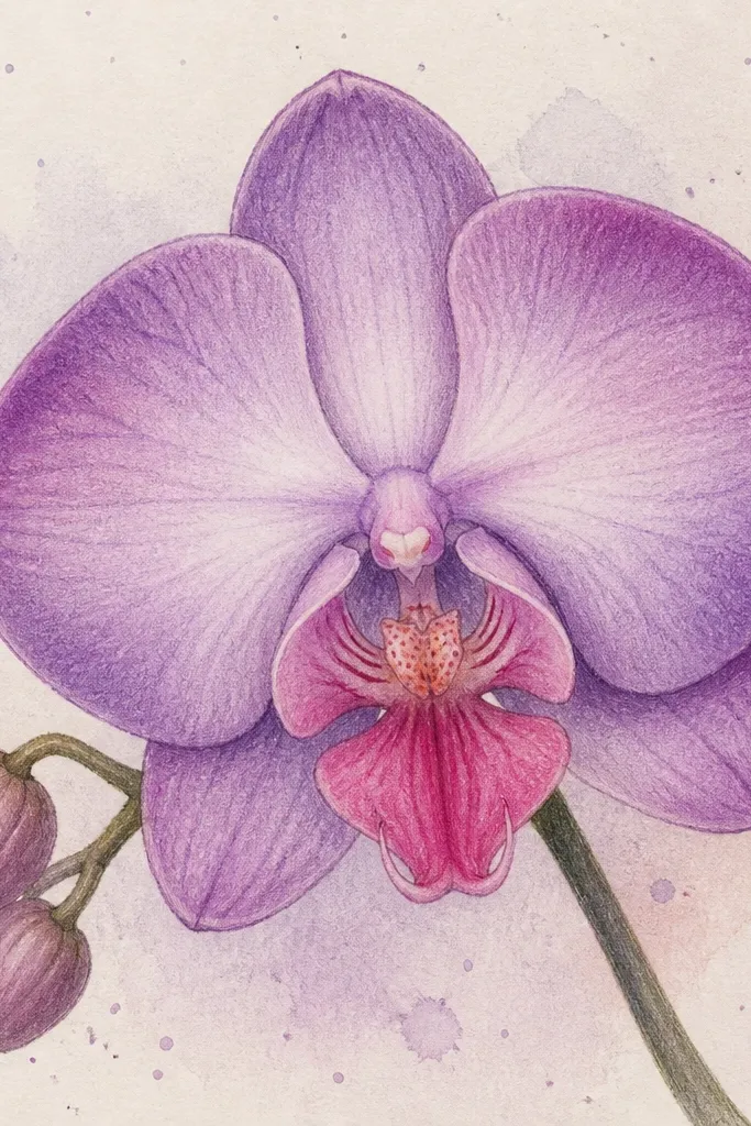 An orchid drawn with pencil lines, then colored using watercolor pencils. The petals have soft gradients: light lavender in the center and deeper plum at edges. The lip is pink with a darker magenta stripe. The background is a pale wash with tiny speckles.