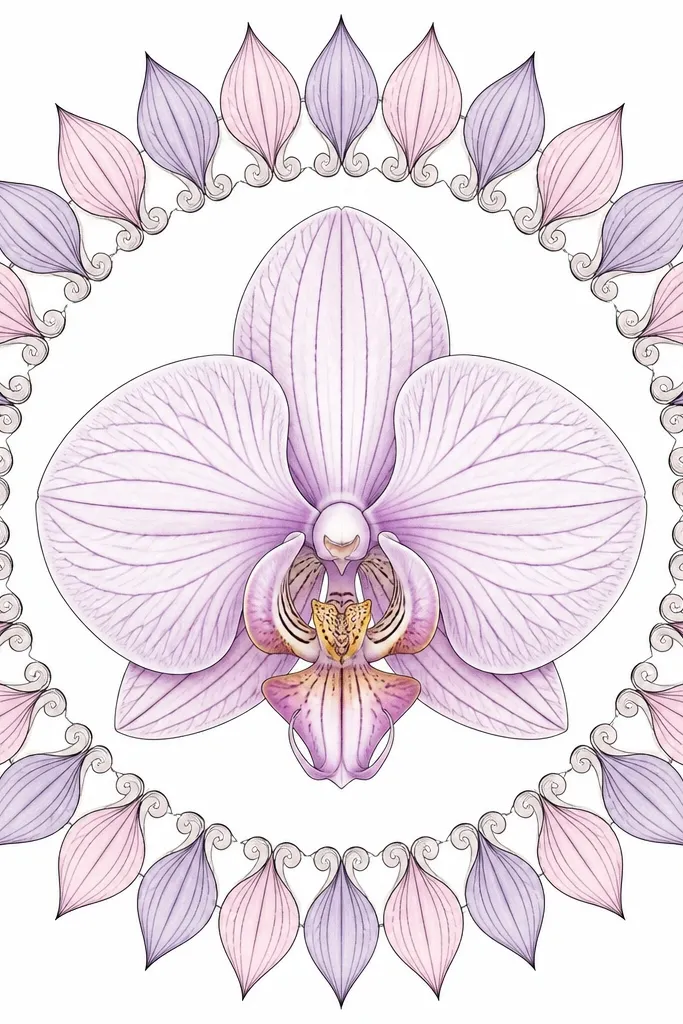 A central orchid with detailed lip and center lines, surrounded by a circular frame made of repeated teardrop petals. The outer ring alternates lavender and pale pink. The background is white. The drawing has thin black lines and lots of small symmetry.