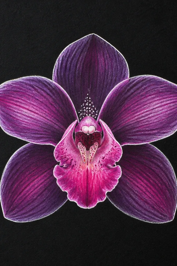 A dark charcoal/black paper background with a single orchid outlined in white gel pen. The petals are colored with colored pencils in purple and magenta. The lip is bright pink. There are small white highlights on each petal edge and a few dots near the center.