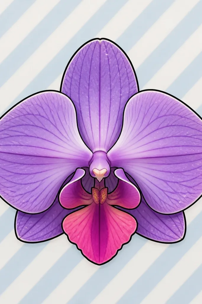 A centered orchid with purple petals and pink lip. Behind it, the background has diagonal stripes in pale blue and white. The orchid has a crisp black outline and small highlight dots, and the lip has a darker stripe down the center.