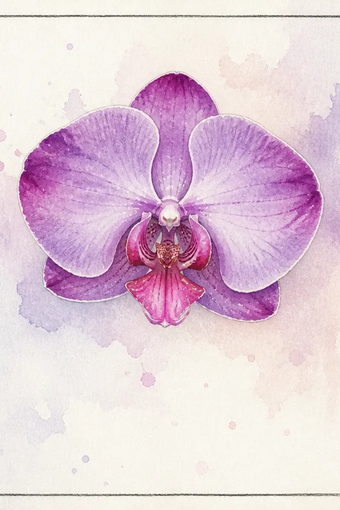 A rectangle border drawn with a dark pencil line. Inside, a watercolor wash background has light splashes. A purple orchid sits slightly above center. The petals are lavender with deeper plum edges. The lip is pink with a darker center stripe, and there are white highlight dots.