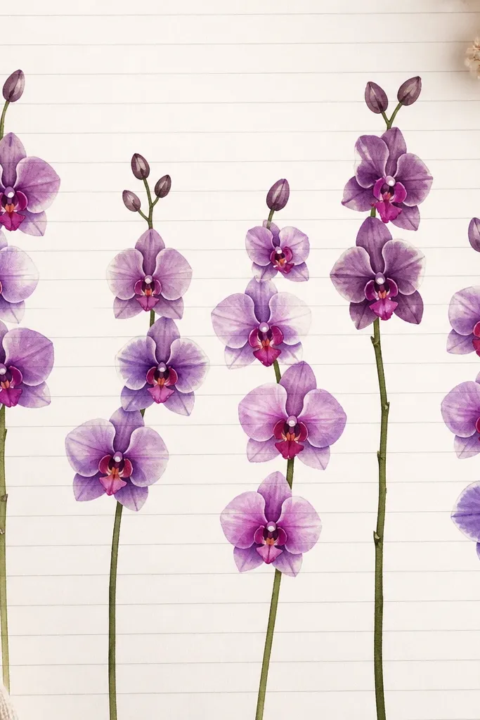 A page with faint notebook lines. Several orchids are drawn along the lines like bookmarks. The stems run vertically, each orchid tilted slightly. Petals are lavender and plum, lips are bright pink. Each orchid has six center marks and a small highlight dot.