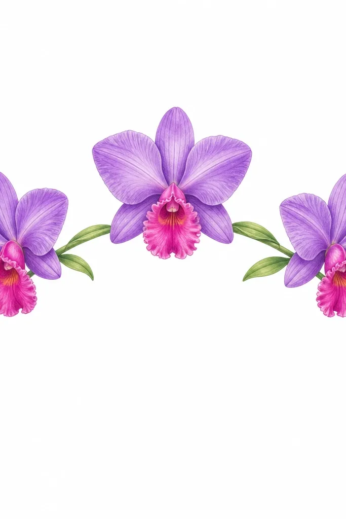 A hand-drawn headband arc across the page with three orchids spaced along it. The orchids have purple petals and bright pink lips. Small green leaves connect the flowers to the arc. The background is white. The stems curve smoothly along the arc.