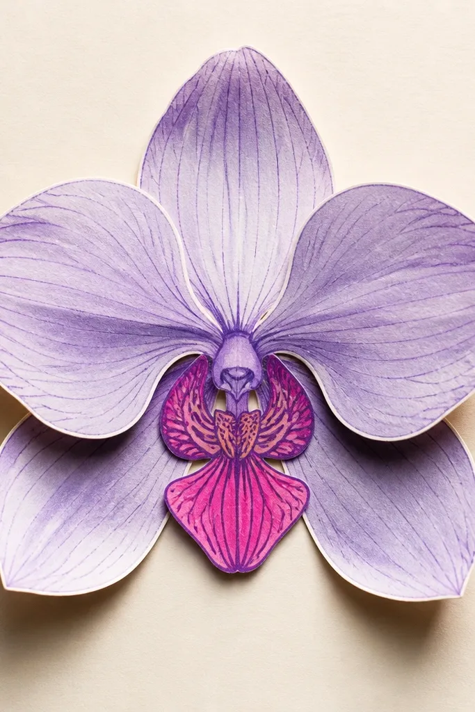 A layered orchid on paper. The outer petals are drawn and colored, then cut out slightly and lifted with small strips of tape so they cast a shadow. The background is light cream. The center lip sits flat, with darker purple lines and a bright pink fill.