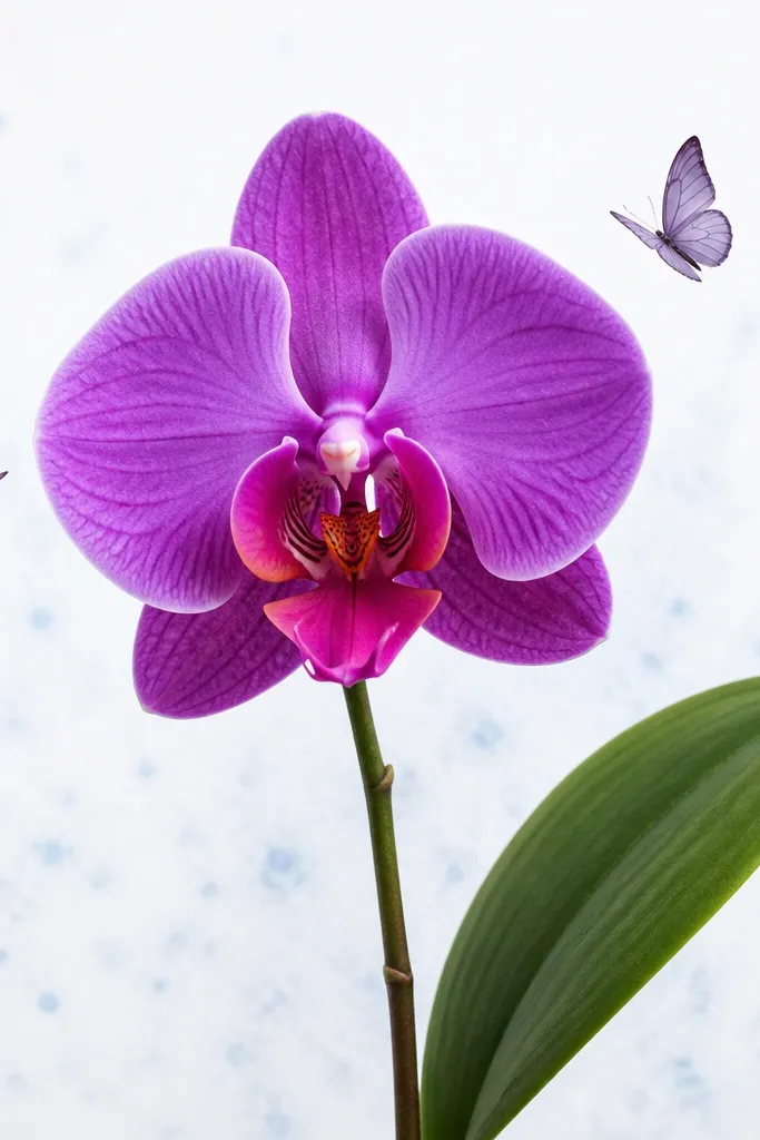 A single orchid on a stem with one green leaf to the side. Two small butterflies hover near the petals, drawn with simple wing shapes. The orchid is purple with a bright pink lip and dark center markings. The background is mostly white with faint light-blue speckles.