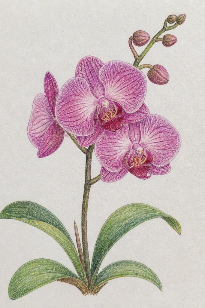A 5x7 orchid drawing on off-white paper. The petals are layered in pale lavender and dusty pink. The center throat is built with deeper purple and a touch of warm brown, with crisp vein lines radiating outward. Highlights on the petal curves stay light, and the edges look sharp rather than fuzzy.