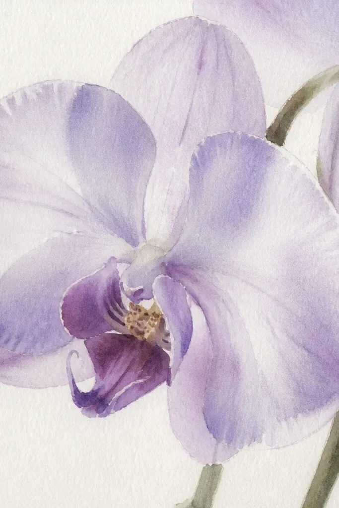 An 8x10 watercolor-style orchid on cold-press paper. The petals are soft and semi-translucent with milky lavender gradients. The edges are slightly fuzzy, and the throat has a gentle darker wash. Vein details are minimal and suggested with light pencil marks, while the bloom mass looks airy.
