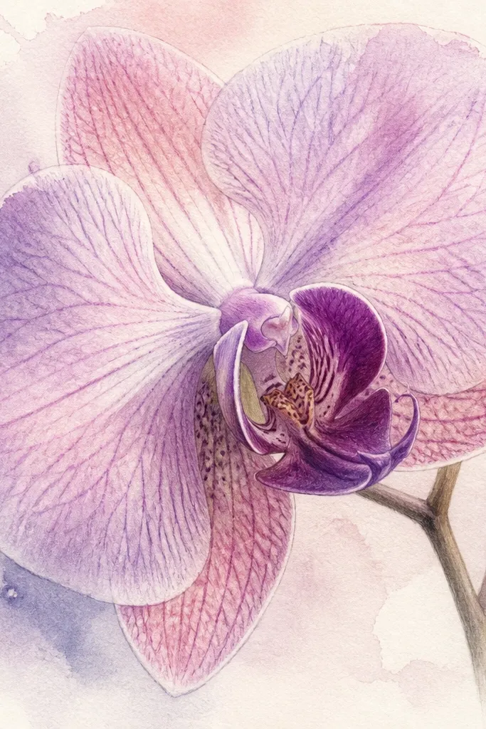 A 7x9 orchid drawing that blends watercolor and colored pencil. Petal masses are softly blended in lavender and blush, with foggy edges. The veins look crisp and slightly raised from pencil texture, and the throat has a defined dark-purple pocket. Highlights stay pale and clean, with smooth transitions between layers.