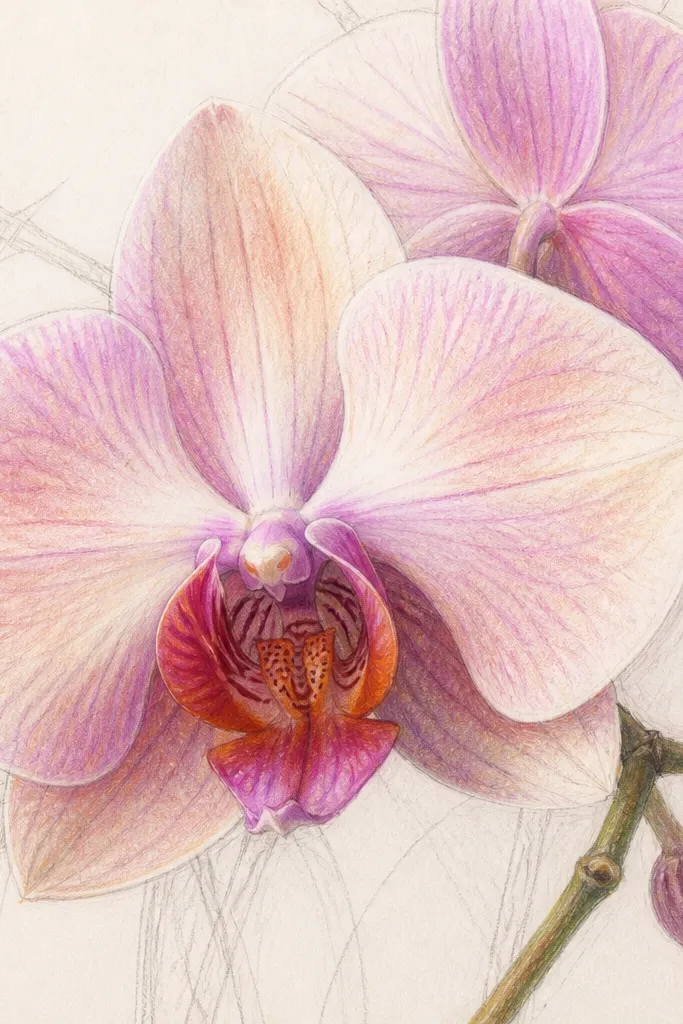 A pastel-style orchid with visible pencil structure underneath. The petals have luminous watercolor glazes over a lightly sketched base. Veins are faint but readable, and the petals have smooth, glassy color transitions. The throat shadow is deeper and richer without harsh edges.
