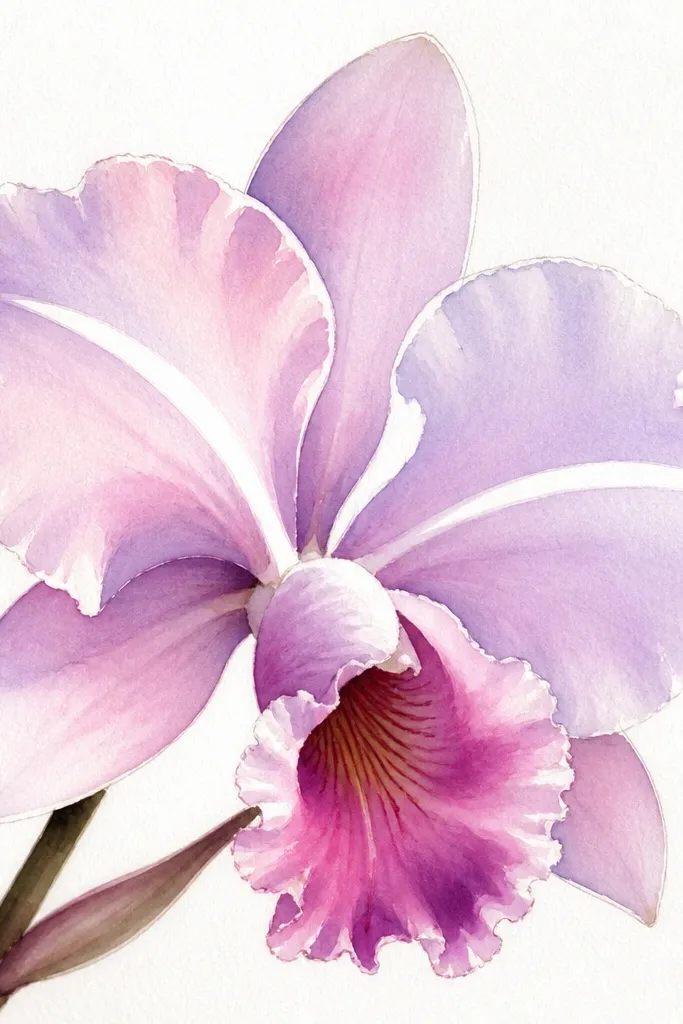 A watercolor orchid where the highlight arcs are perfectly clean white curves. The petals are soft lavender and pale pink with gentle gradients. The outer edges look airy, and the throat shadow is defined. The highlight areas remain paper-white with crisp boundaries.